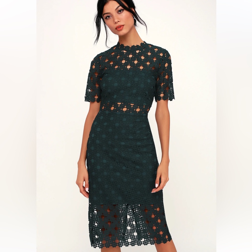 Heartfelt Dark Teal Green Lace Bodycon Midi Dress. Size M. Worn once to wedding